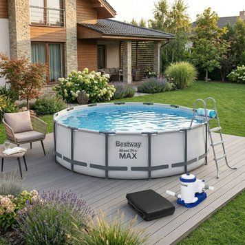 Великий каркасний басейн Bestway Steel Pro MAX 561FM круглий з картриджним фільтром 33,2 м&sup3; зі сходами і тентом (610x132 см) 561FMb фото